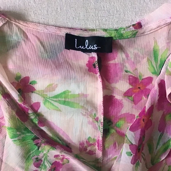 Lulus Poolside Vibes Blush Pink Floral Print Cover-Up Ruffle Front Feminine - Picture 3 of 10